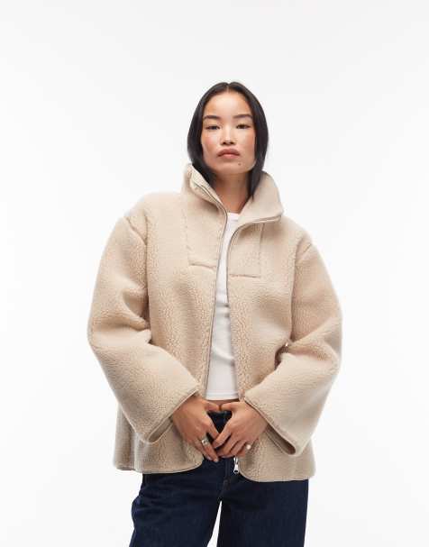 ARKET faux shearling fleece oversized jacket with funnel neck in light beige - view 1