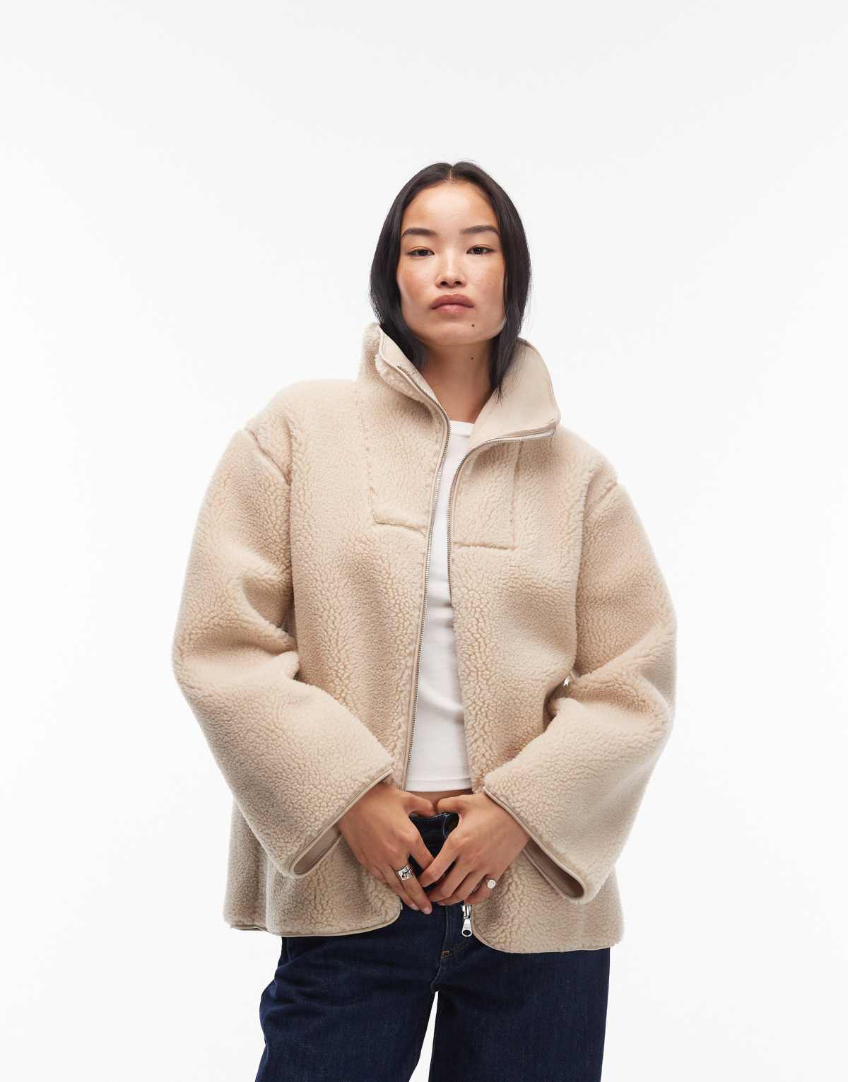 ARKET faux shearling fleece  oversized  jacket with funnel neck in light beige