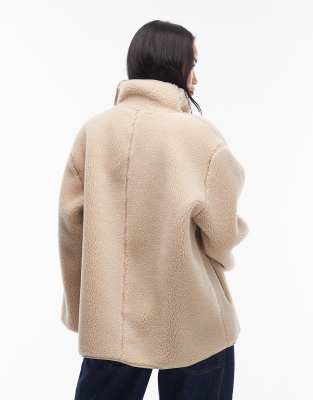 Arket Faux Shearling Fleece Oversized Jacket With Funnel Neck In Neutral
