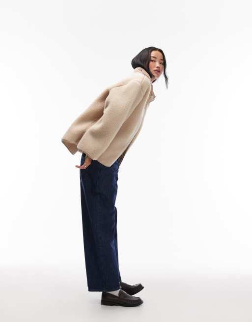 ARKET faux shearling fleece oversized jacket with funnel neck in light beige