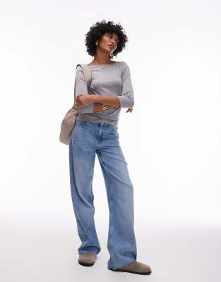 Arket Fluid Ribbed Jersey Boat Neck Top With 3/4 Sleeves In Gray