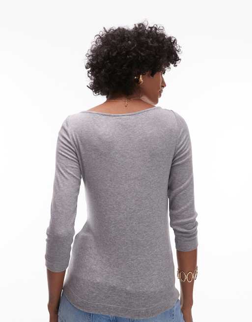 ARKET fluid ribbed jersey boat neck top with 3/4 sleeves in gray melange