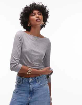 Arket ARKET fluid ribbed jersey boat neck top with 3/4 sleeves in grey melange