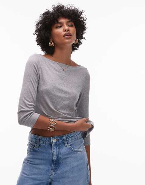 ARKET fluid ribbed jersey boat neck top with 3/4 sleeves in grey melange - view 1