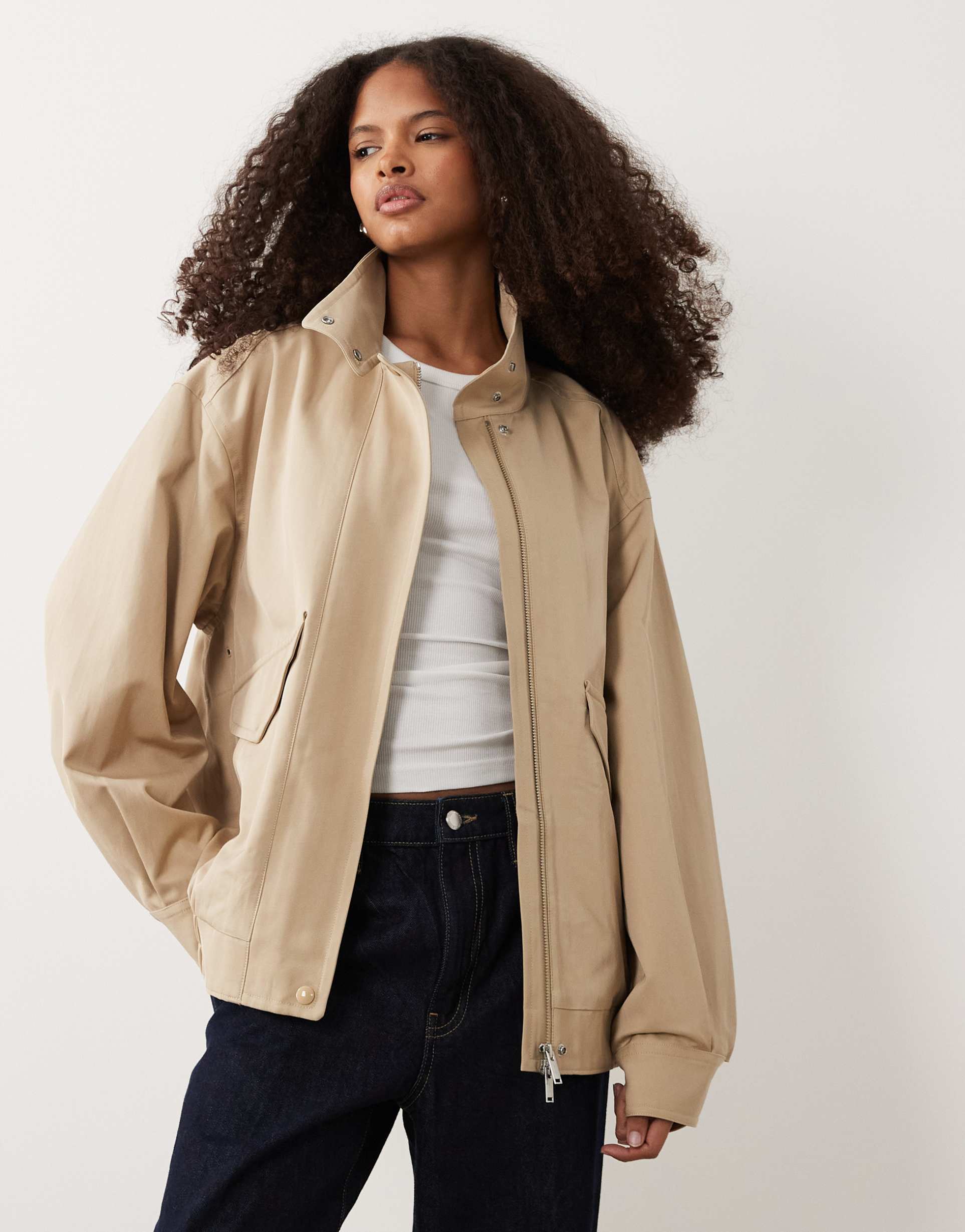 arket funnel neck harrington bomber in beige