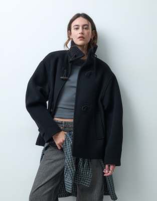 Arket Funnel Neck Short Wool Coat In Black