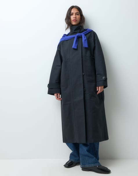 ARKET gabardina de algodón encerado con cuello alzado y detalle de cuello interior de pana en negro - view 1