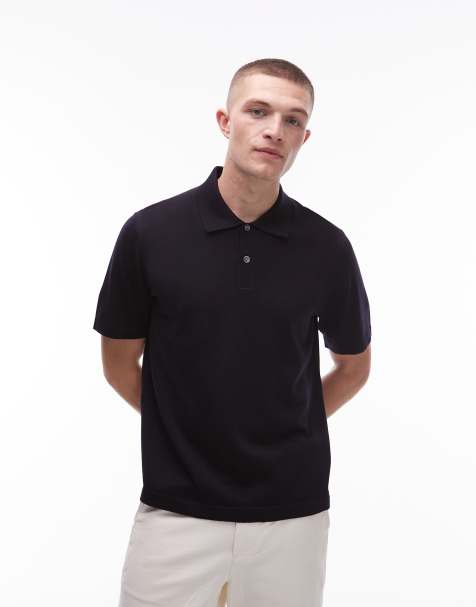 ARKET - Gebreid poloshirt van merinowol met korte mouwen in marineblauw - view 1