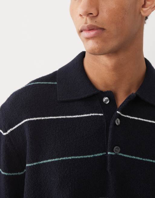ARKET - Gebreide gestreepte polo van katoenmix in marineblauw, 3 van 5