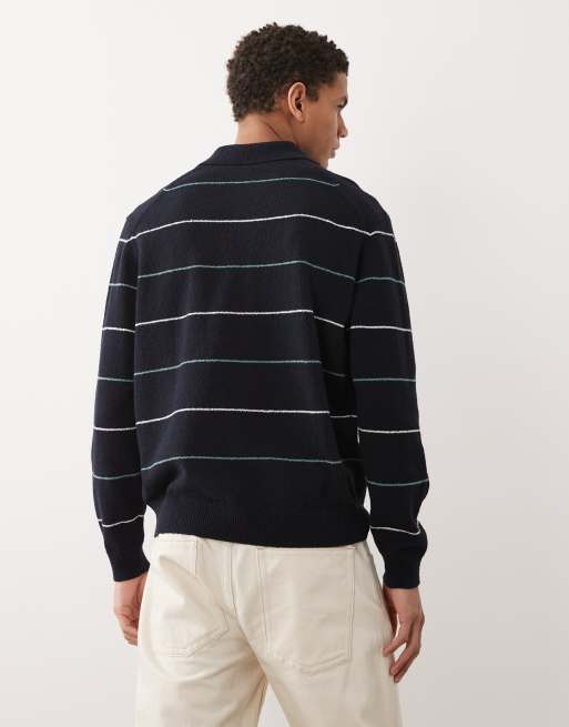 ARKET - Gebreide gestreepte polo van katoenmix in marineblauw, 5 van 5