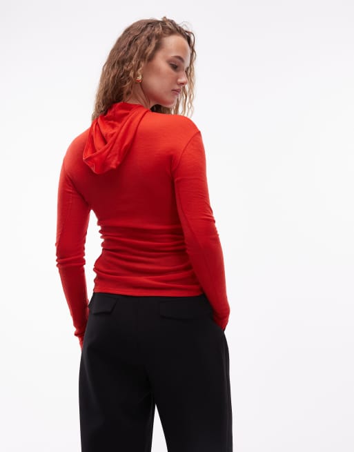 ARKET - Gebreide top van merinowol met lange mouwen en capuchon in rood, 4 van 4