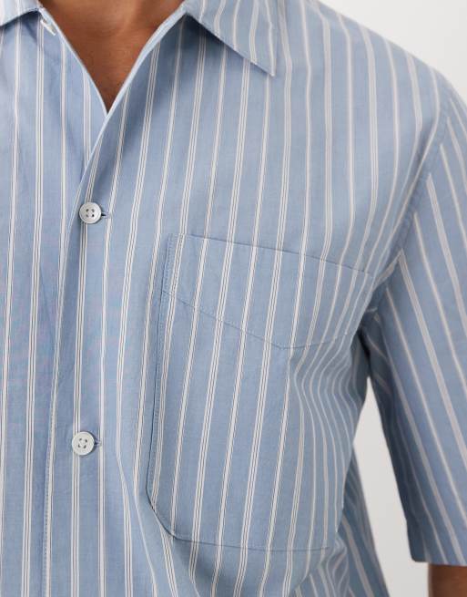 ARKET - Gestreept loungeoverhemd van puur katoen in blauw en wit, deel van co-ord set, 3 van 5