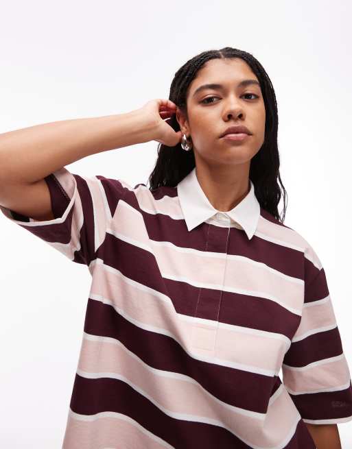 ARKET - Gestreept polo rugbyshirt met 3/4 mouwen in roze en bordeauxrood, 2 van 4