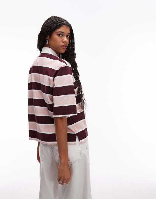 ARKET - Gestreept polo rugbyshirt met 3/4 mouwen in roze en bordeauxrood, 4 van 4