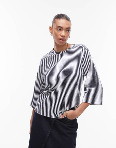 ARKET - Gestreept T-shirt van zware stof met 3/4 mouwen in blauw en wit - view 1