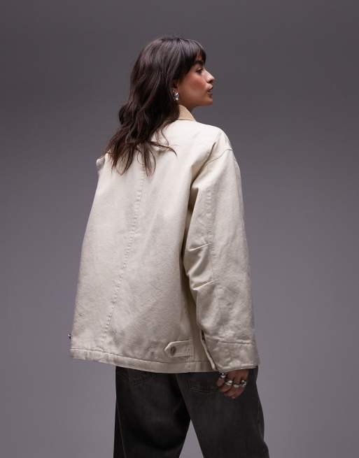 ARKET - Giacca barn oversize bianco sporco multitasche con colletto a contrasto, 2 di 4