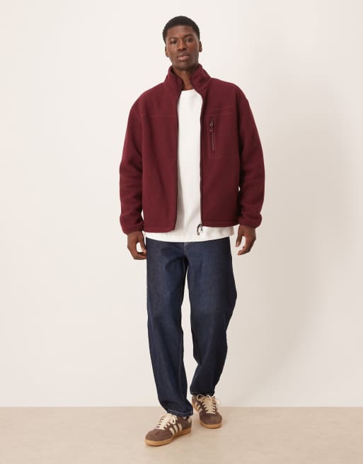 ARKET - Giacca in pile bordeaux con zip bidirezionale e tasca sul davanti, 2 di 5