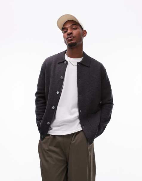 ARKET - Gilet oversize en laine bouillie avec boutons devant et col polo - Gris foncé - view 1