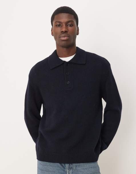 ARKET textured pure wool jumper with polo collar in navy