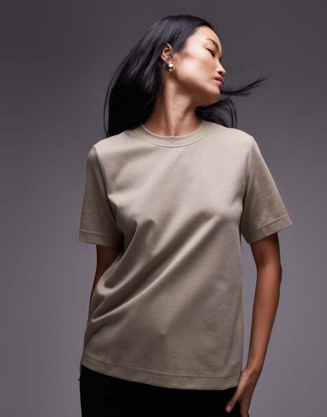 ARKET – Gruby dżersejowy T-shirt o pudełkowym kroju w beżowym odcieniu khaki - view 1