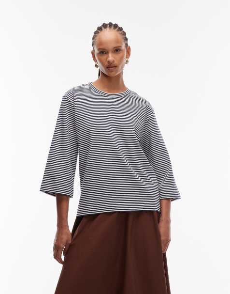 ARKET heavyweight 3/4 sleeve t-shirt in blue and white stripe