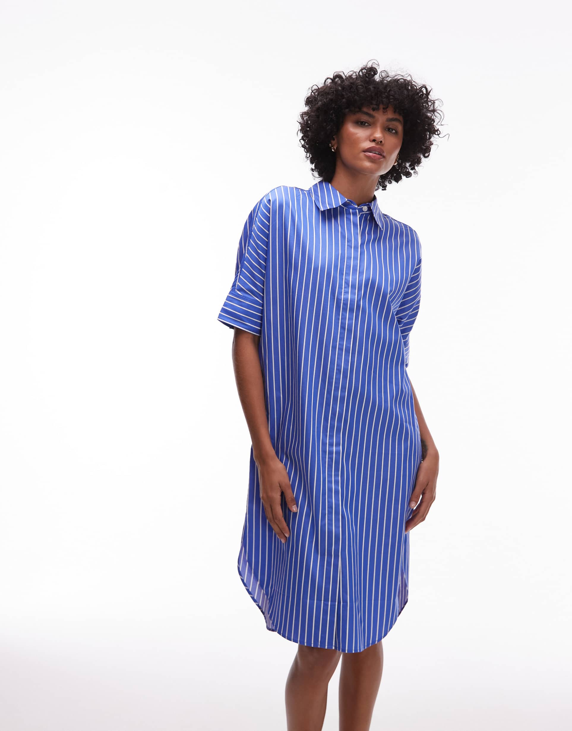 arket half sleeve midi shirt dress in blue pinstripe