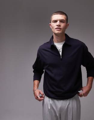 Arket Half Zip Jersey Top With Polo Collar In Navy Blue