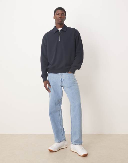 ARKET half zip lightweight sweat top with polo collar in navy blue, 2 of 5