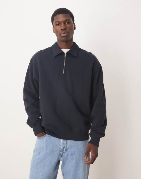 ARKET half zip lightweight sweatshirt with polo collar in navy blue - view 1