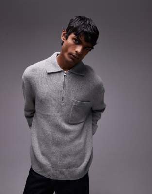 Arket ARKET half zip oversized wool polo jumper in in grey