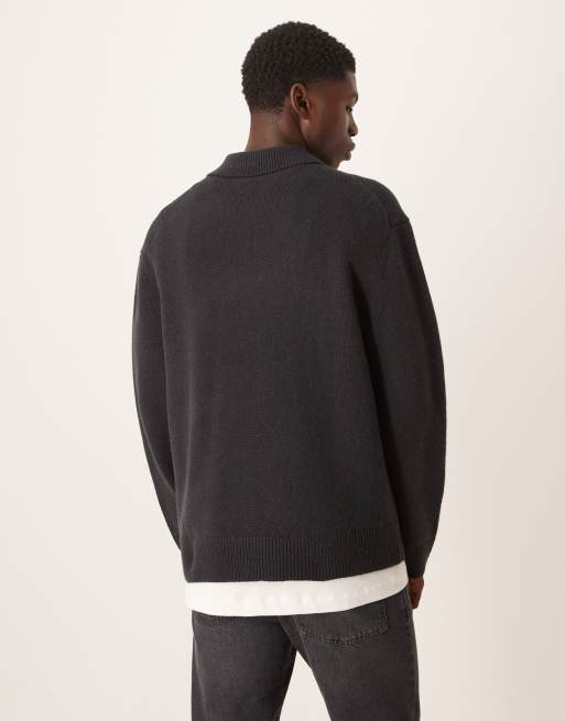 ARKET half zip oversized wool polo jumper in washed black, 3 of 5