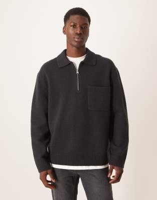 Arket Half Zip Oversized Wool Polo Sweater In Black