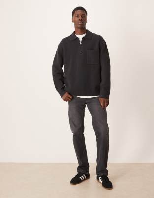 Arket Half Zip Oversized Wool Polo Sweater In Black