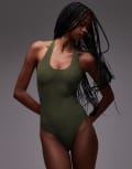 [Arket] ARKET halterneck crinkle bubble swimsuit in dark green 34 Dark green
