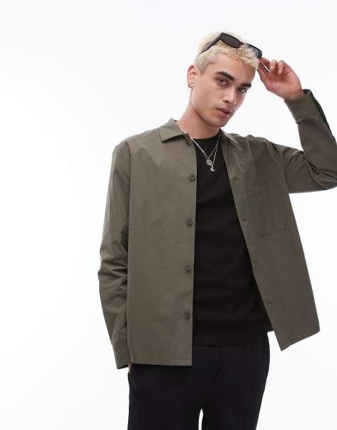 ARKET heavy poplin overshirt with button front in washed khaki - view 1