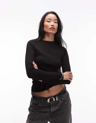 ARKET high neck jersey top with crinkle hem and long sleeves in black