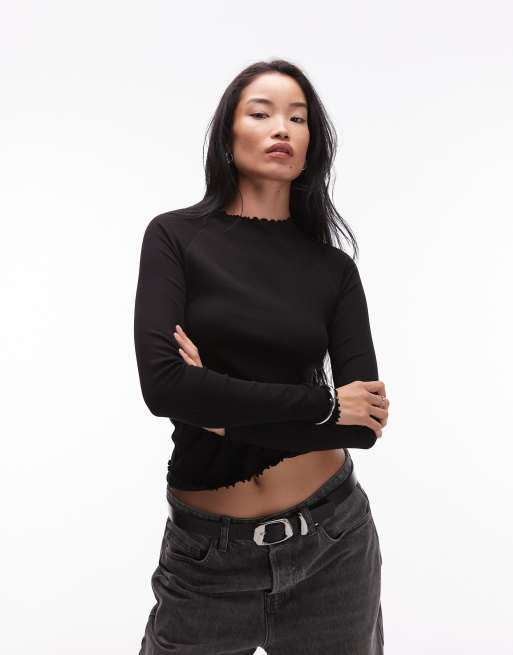 ARKET high neck jersey top with lockstitch stitched raglan sleeves in black