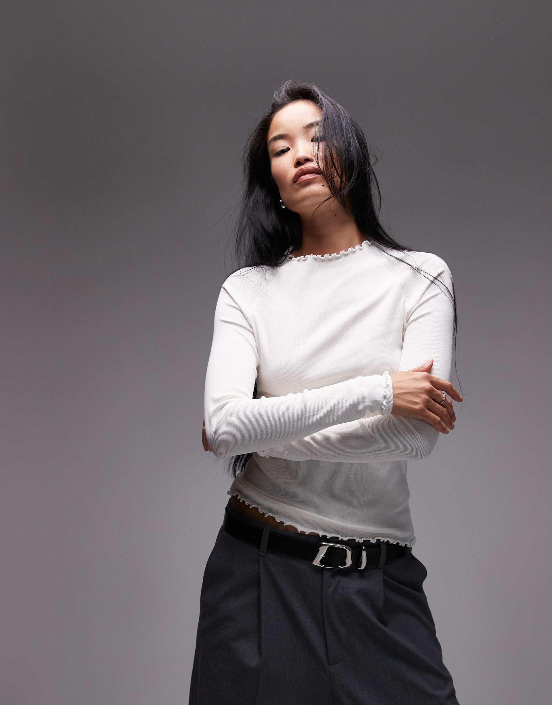 arket high neck jersey top with lockstitch stitched raglan sleeves in white