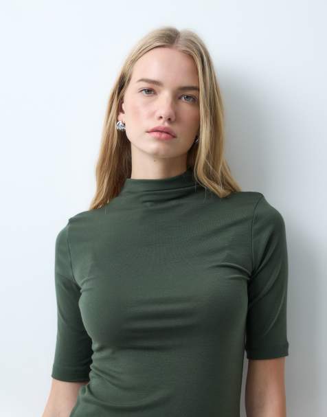 ARKET high neck ribbed top in dark green - view 1