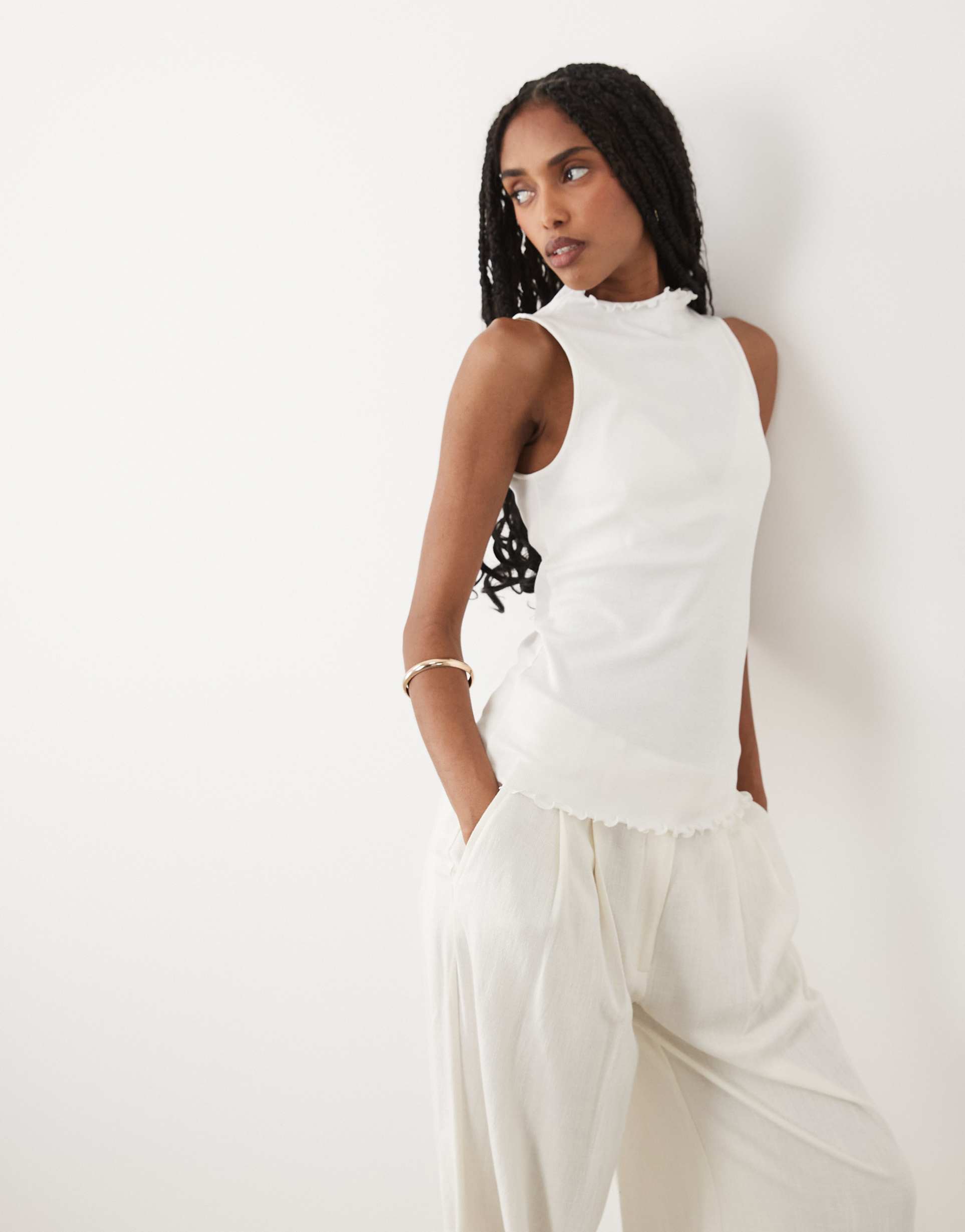 arket high neck sleeveless crinkle top in white