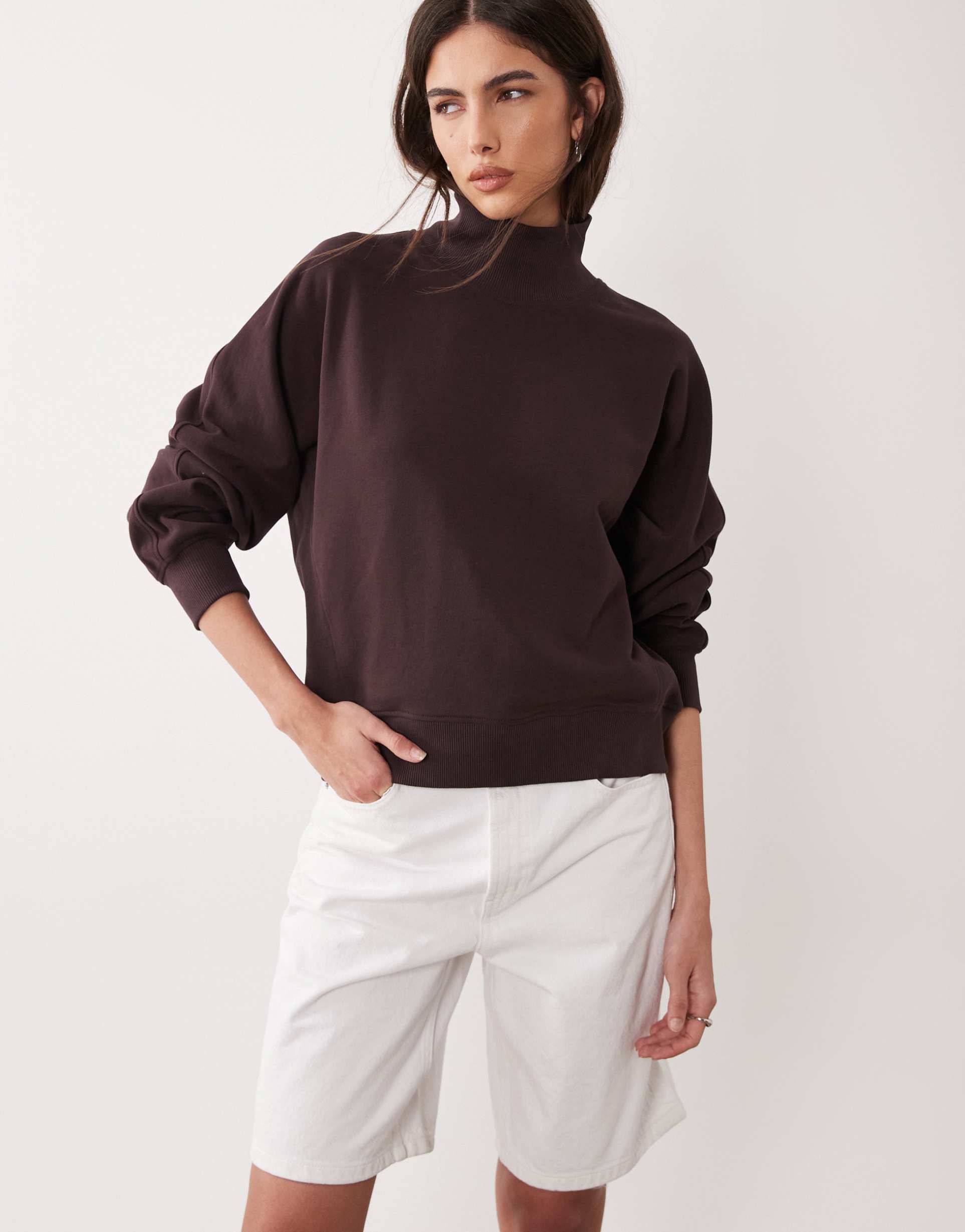 arket high neck sweatshirt with deep cuffs in dark brown