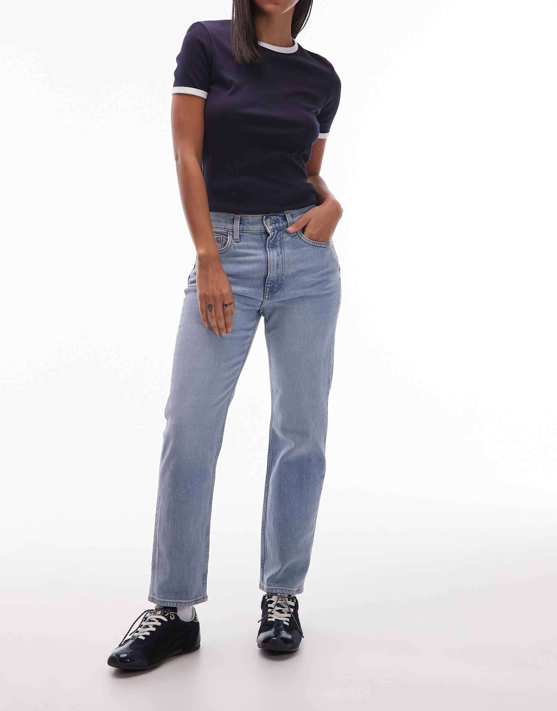 arket jade stretch slim leg jeans in light wash blue