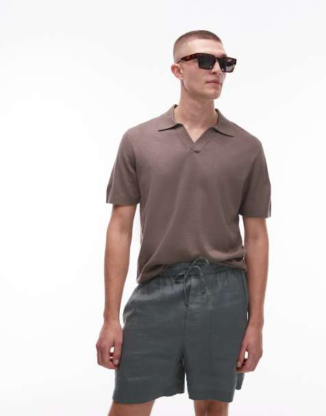 ARKET cotton linen knitted shirt sleeve polo shirt in light brown