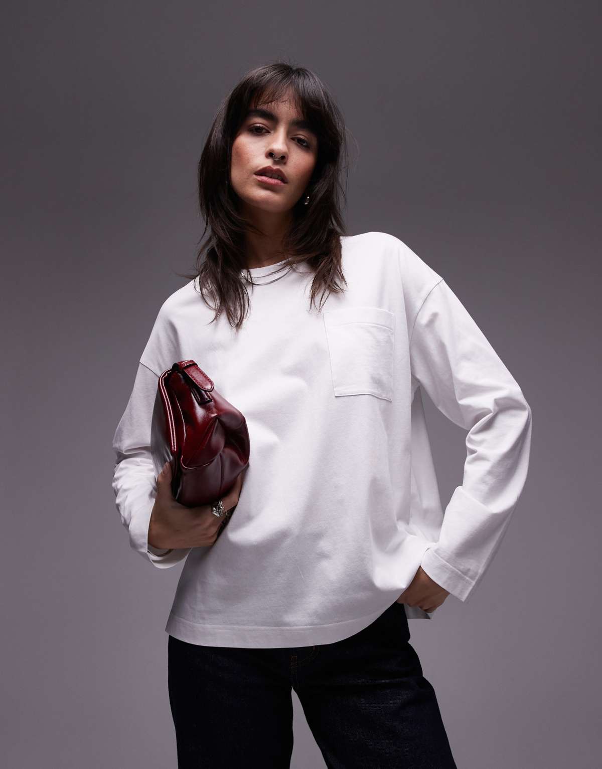 ARKET jersey long sleeve boxy top with pocket in white