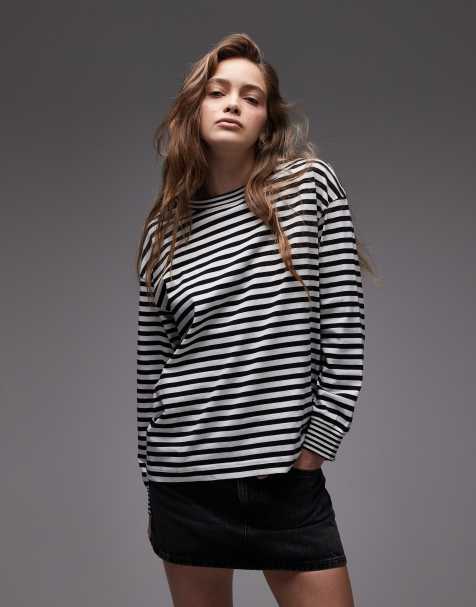 ARKET jersey long sleeve relaxed t-shirt with deep cuffs in white and blue stripes - view 1