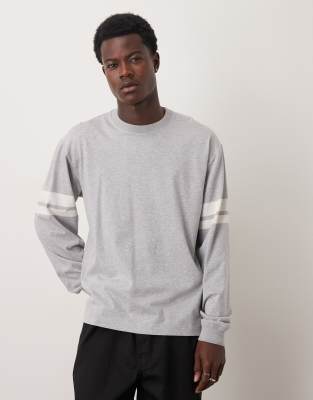 jersey long sleeve top in heather gray with retro stripes detailing