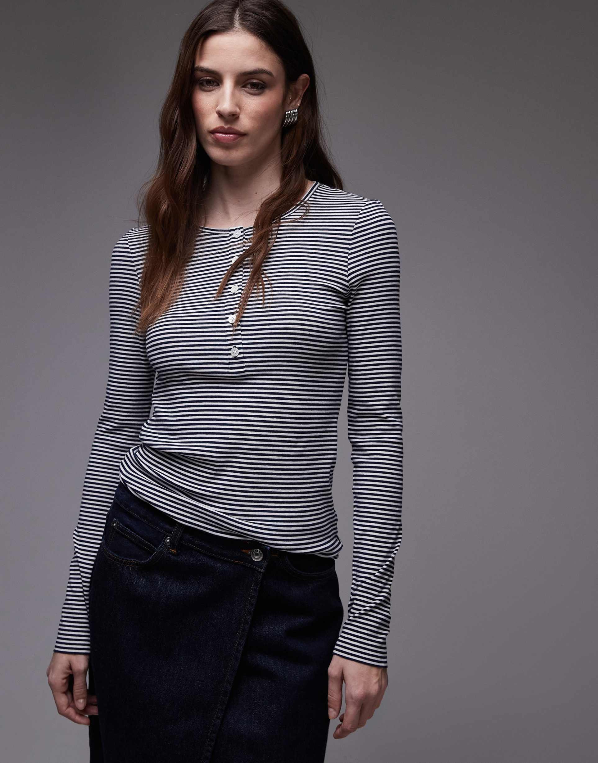 arket jersey long sleeve top with button placket in mono stripes