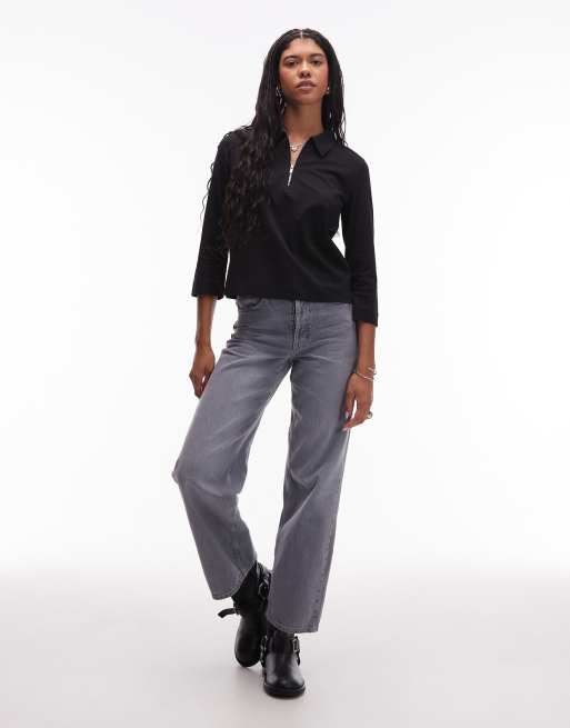 é rib summer knit black ARKET jersey rib knit polo top with zip collar and 3/4