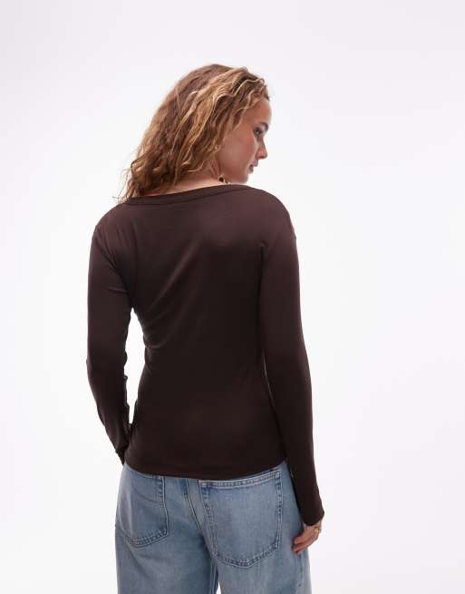 ARKET jersey rib long sleeve boat neck top in brown, 3 of 4