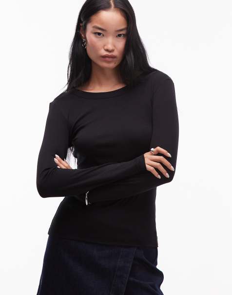 ARKET jersey rib long sleeve top with boat neck in black - view 1